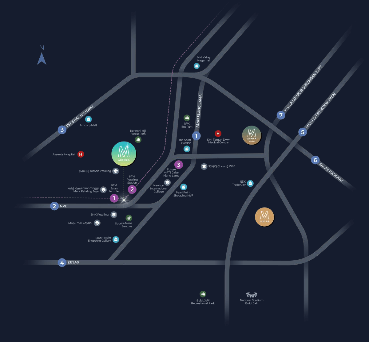 M Aurora location map with numbered highway and transit markers