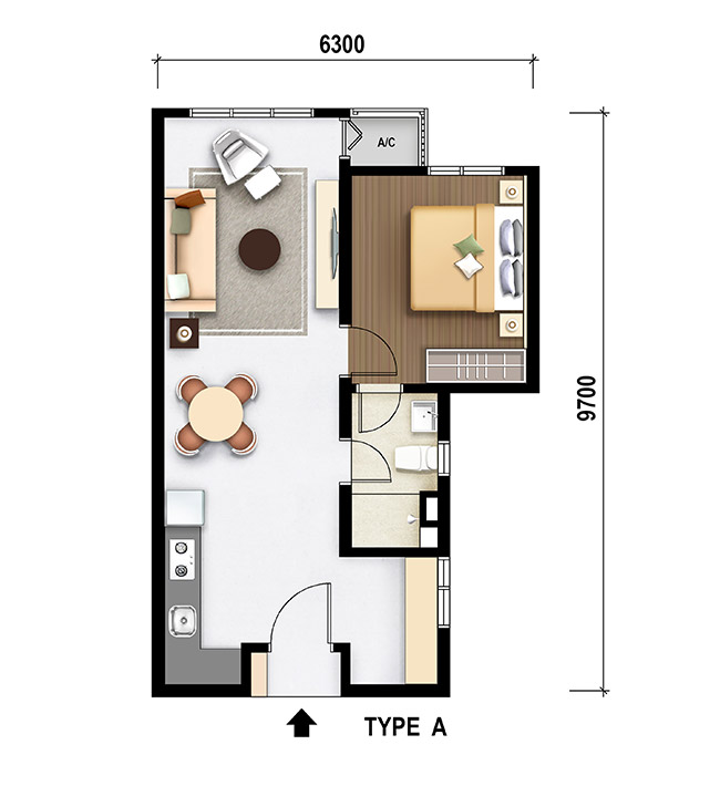 Type A floor plan, 556 sq ft, 1+1 bedroom